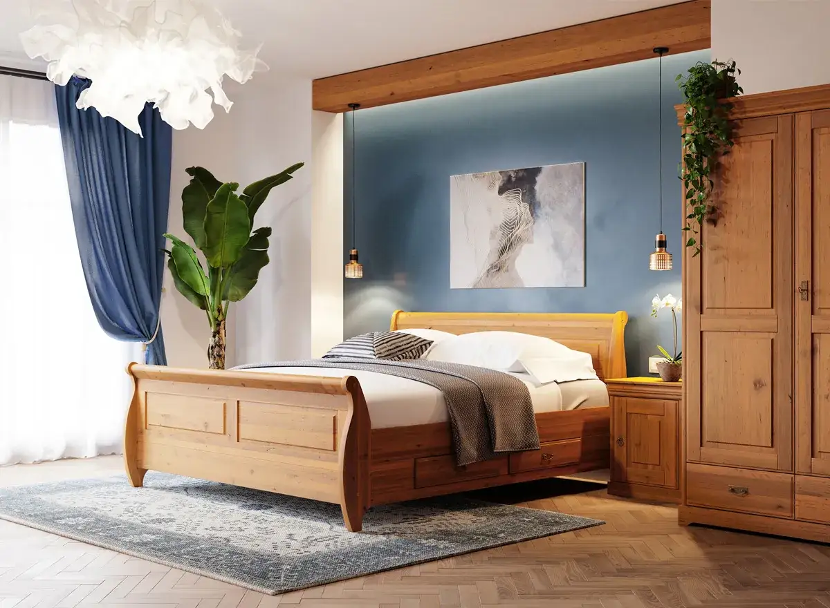 Przytulny pokoj retro z drewnianym ł&oacute;żkiem, szafą i szafką nocną. Wygodny koc i poduszki zapraszają do odpoczynku.