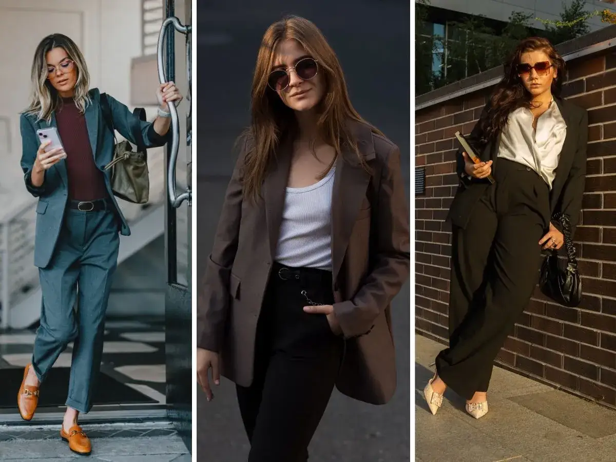 Elegancka moda 40 latki blog: trzy kobiety w stylowych garniturach, idealne na biznesowe spotkania i codzienne wyjścia.