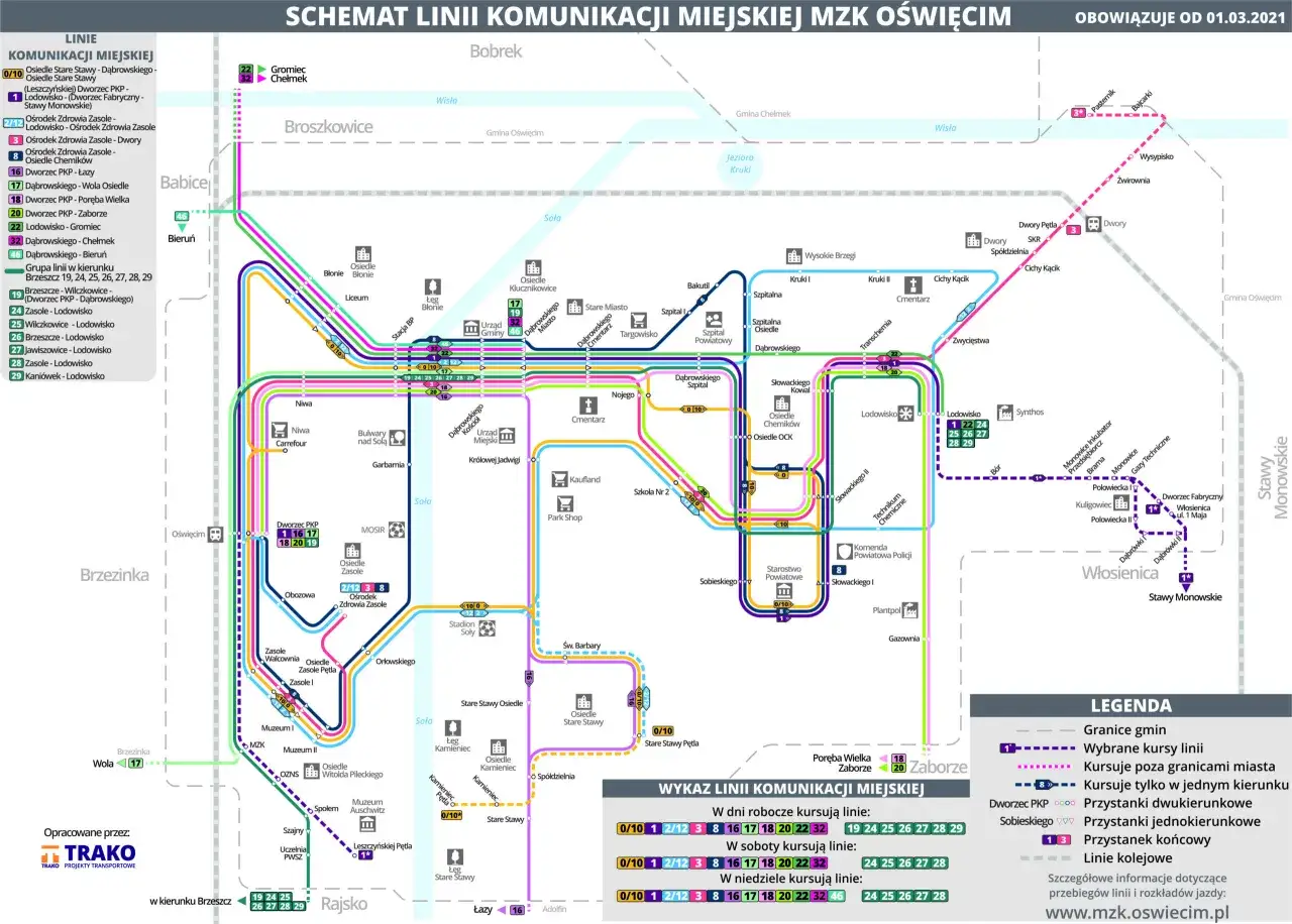 Schemat linii komunikacji miejskiej MZK Oświęcim. Znajdziesz tu rozkład jazdy MZK Oświęcim, linie autobusowe i ich trasy.