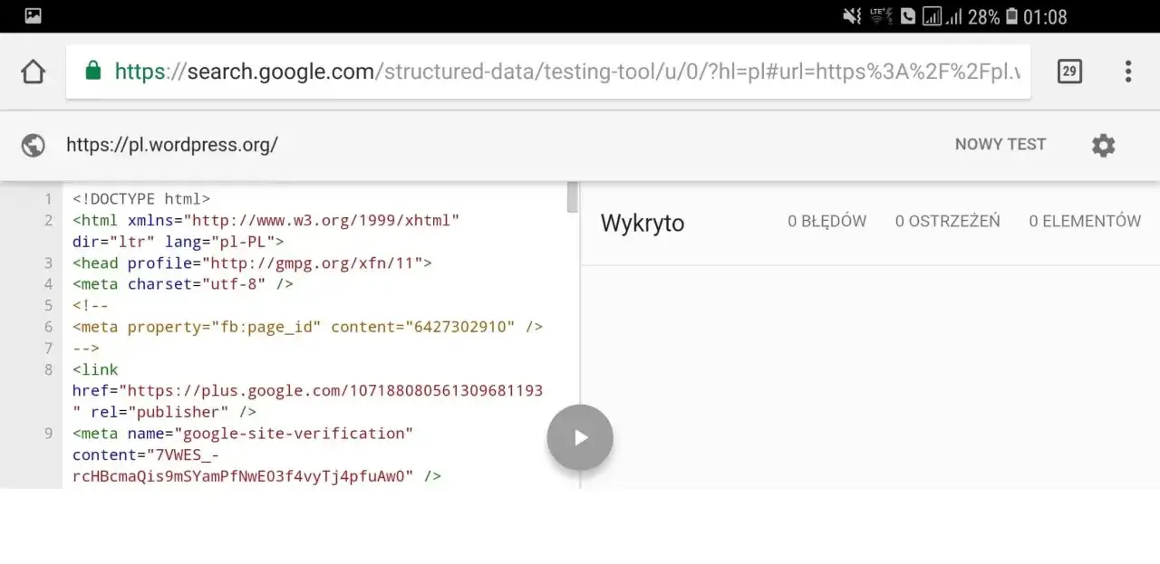 Jak wyświetlić kod strony? Widok kodu HTML strony pl.wordpress.org w narzędziu Google. Wykryto 0 błędów.