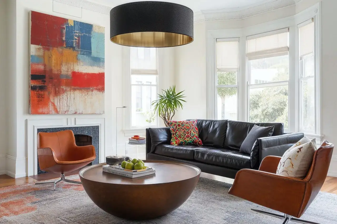 Nowoczesne oświetlenie nad stołem w salonie, z czarnym abażurem i złotym wnętrzem, tworzy przytulną atmosferę.