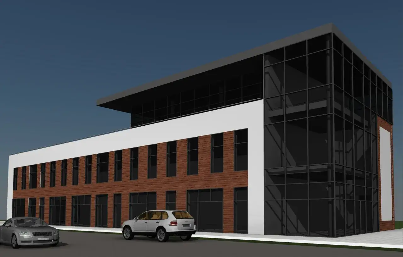 Nowoczesny projekt budynku usługowego z drewnianą fasadą i przeszklonym narożnikiem. Dwa samochody zaparkowane przed obiektem.