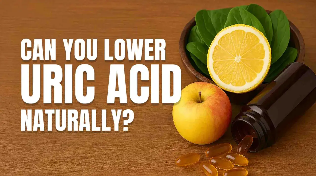 Jabłko, cytryna i suplementy na drewnianym tle. Czy można naturalnie obniżyć podwyższony kwas moczowy?
