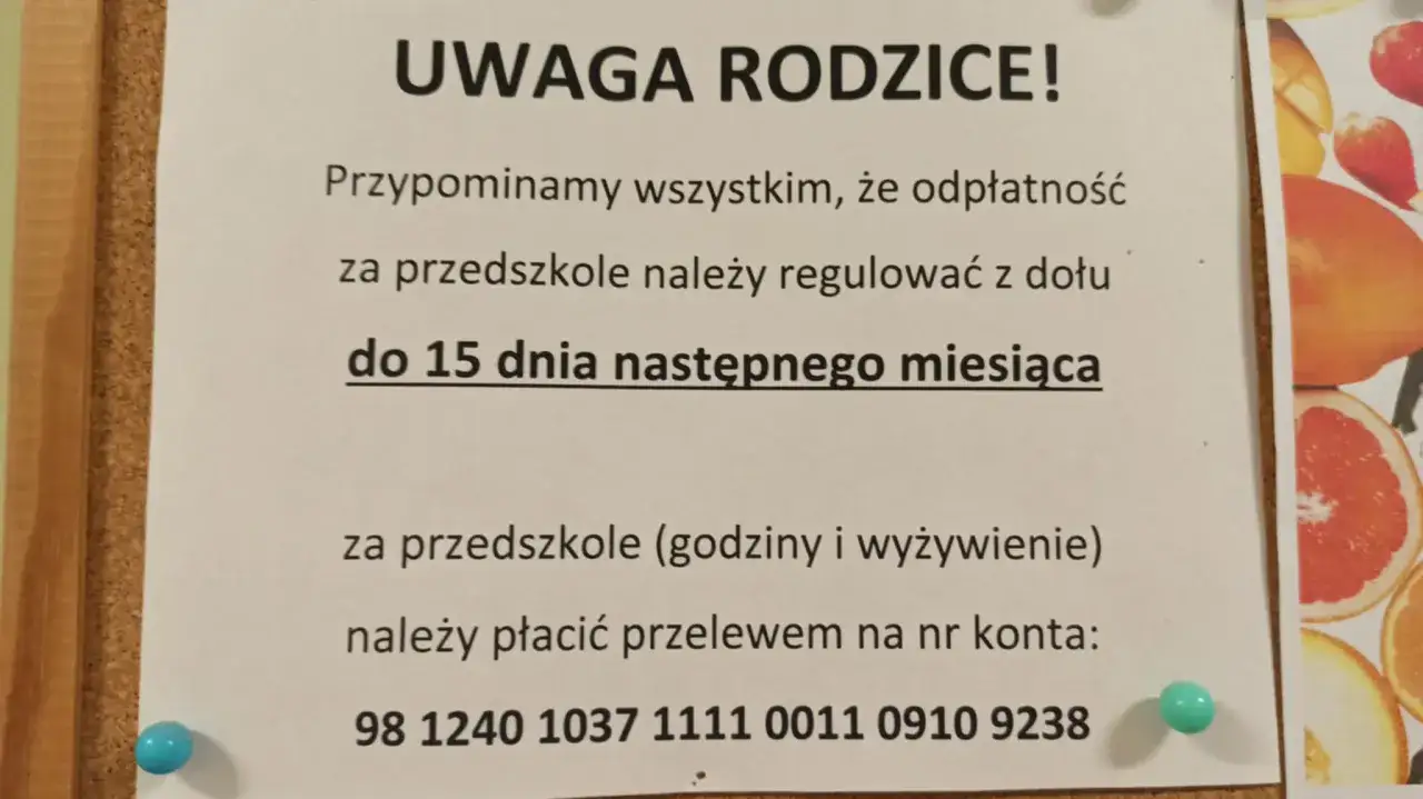Uwaga rodzice! Przypominamy, że opłaty za przedszkole należy regulować do 15 dnia następnego miesiąca. Ile kosztuje przedszkole publiczne? Informacja o opłatach za przedszkole (godziny i wyżywienie) na koncie: 98 1240 1037 1111 0011 0910 9238.