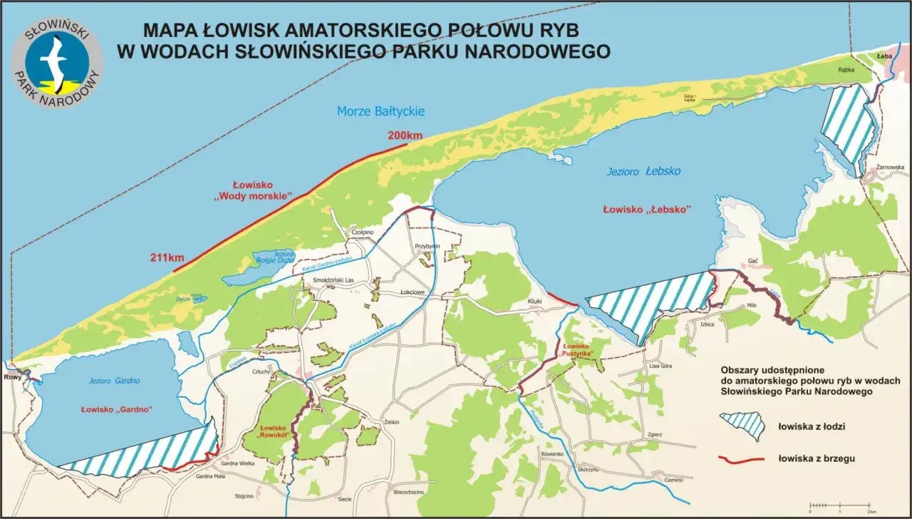 Mapa Słowińskiego Parku Narodowego z łowiskami. Idealne miejsce, gdzie na ryby z rodziną czeka Jezioro Gardno, Łebsko i Morze Bałtyckie.