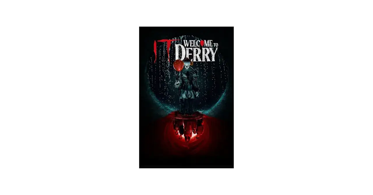 Pennywise z czerwonym balonem wita w Derry. Pod nim odbicie przerażających twarzy dzieci.