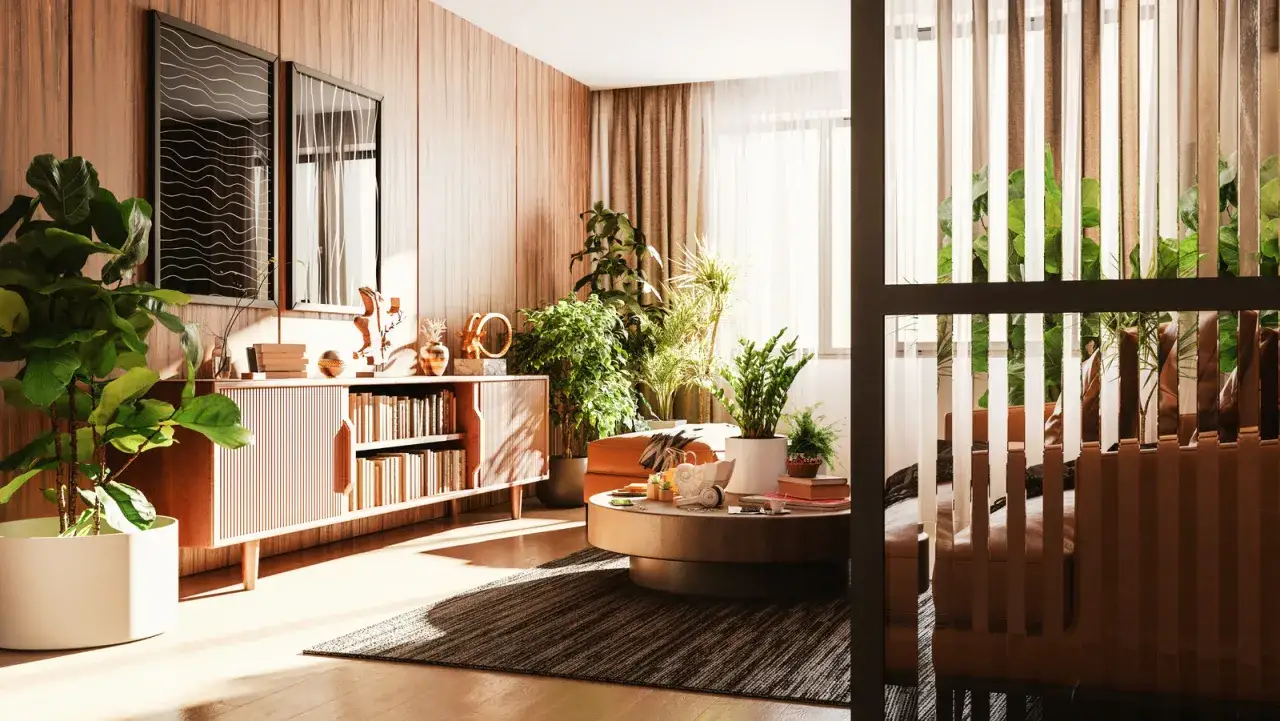 Nowoczesny salon z boazerią, kt&oacute;ra przeszła metamorfozę. Jasne drewno, dużo zieleni i stylowe meble tworzą przytulną atmosferę.