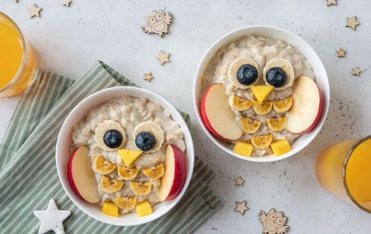 Dwa śniadania dla 2 latka w kształcie sów z owsianki, owoców i jabłka.