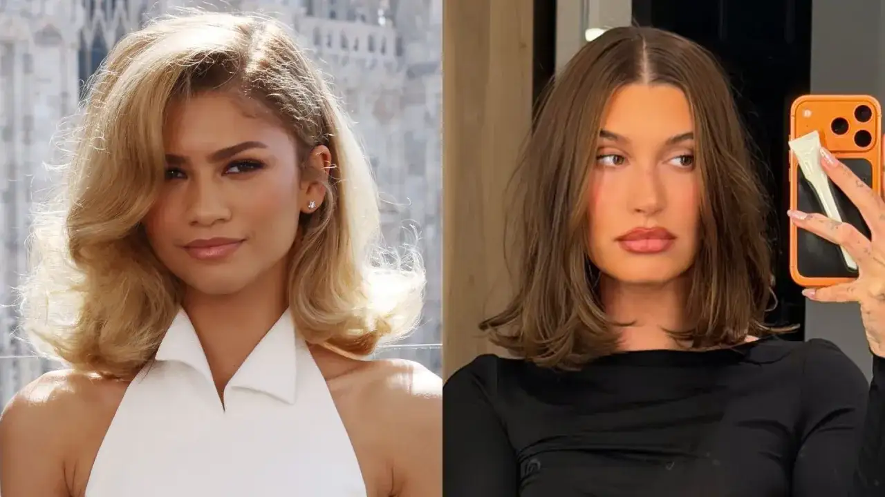 Dwie kobiety z mocno cieniowanymi włosami do ramion. Zendaya w blondzie, Hailey w brązie.