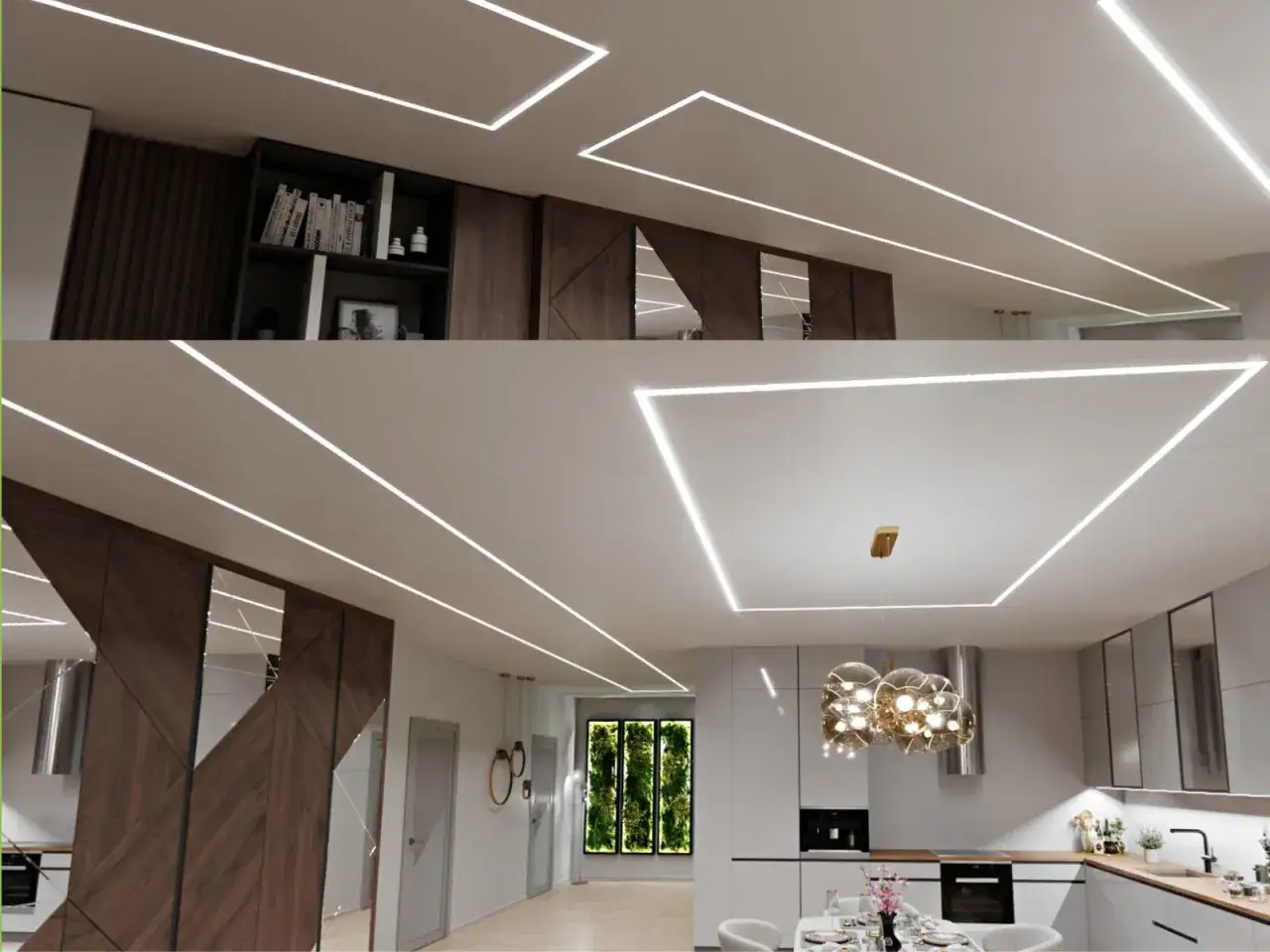 Nowoczesne wnętrze z oświetleniem LED w suficie podwieszanym. Taśma LED tworzy geometryczne kształty, podkreślając elegancję przestrzeni.