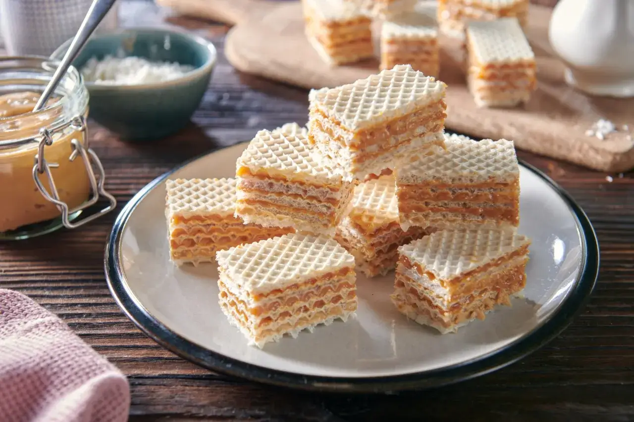 Stosik chrupiących wafli przełożonych słodkim kajmakiem, gotowych do schrupania.