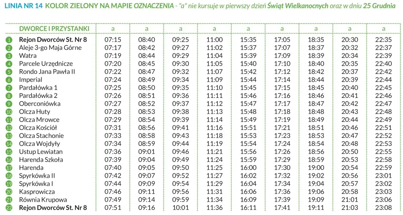 Rozkład jazdy linii 14, zielonej na mapie, z kursami do Zakopanego. Sprawdź godziny odjazdów, aby zaplanować podróż.