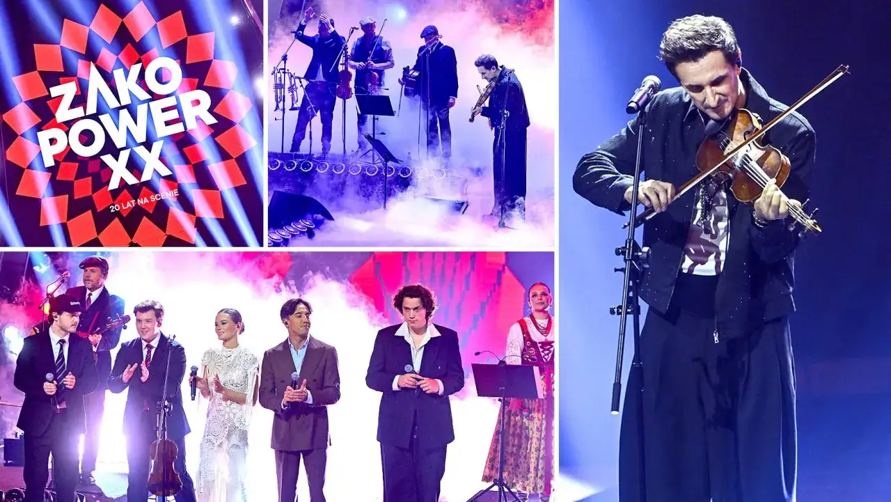 Zespół Sebastiana Karpiela-Bułecki na scenie. Muzycy grają na instrumentach, wokalistka w stroju ludowym.