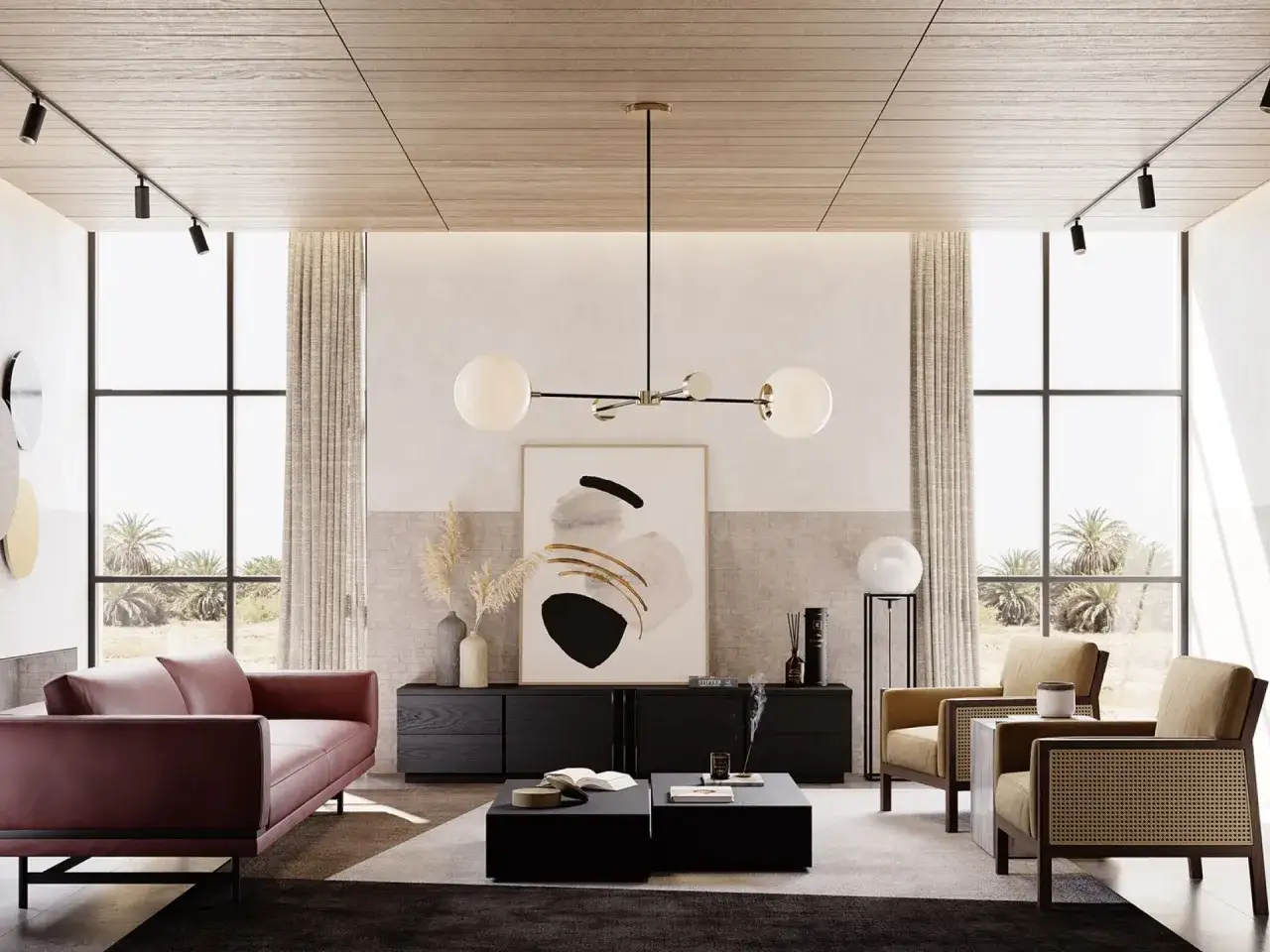 Nowoczesny salon z wygodną kanapą, dwoma fotelami i stolikami. Nad nimi rozpościera się piękny, drewniany sufit z oświetleniem.