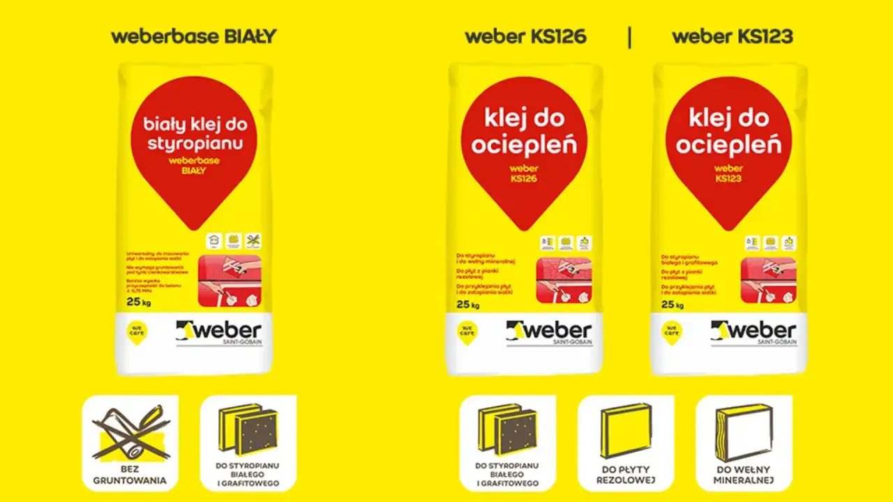 Trzy worki kleju do styropianu, w tym klej do styropianu grafitowego. Produkty Weber KS126 i KS123 są do ociepleń.
