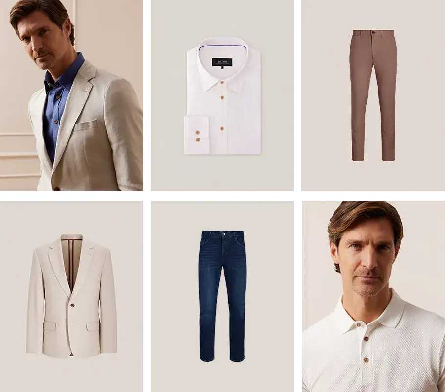 Mężczyzna w beżowej marynarce z r&oacute;żnymi koszulami (biała, błękitna, zielona)