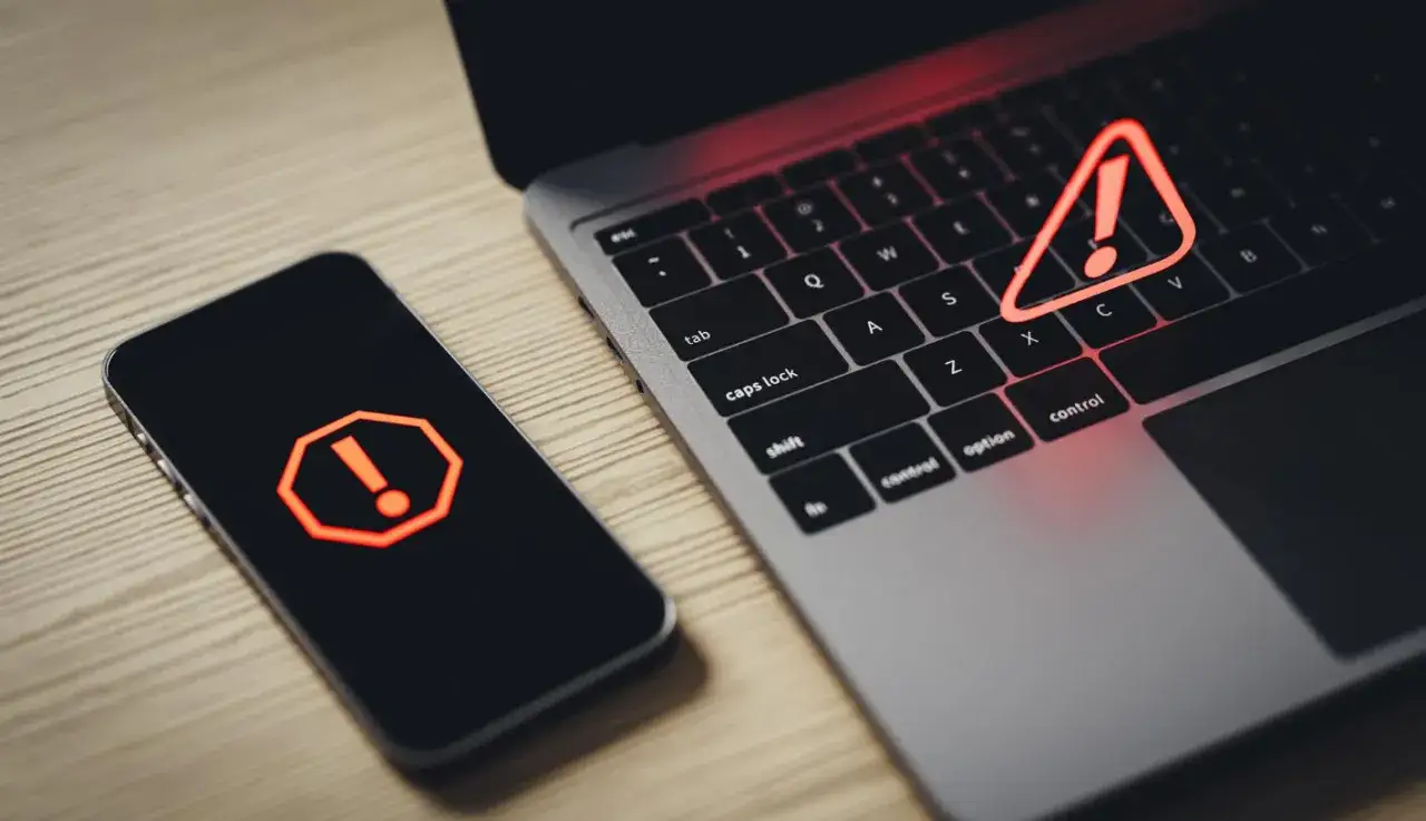 Czerwony wykrzyknik na ekranie telefonu i klawiaturze laptopa. Zastanawiasz się, jak sprawdzić czy ktoś ma dostęp do mojego telefonu?