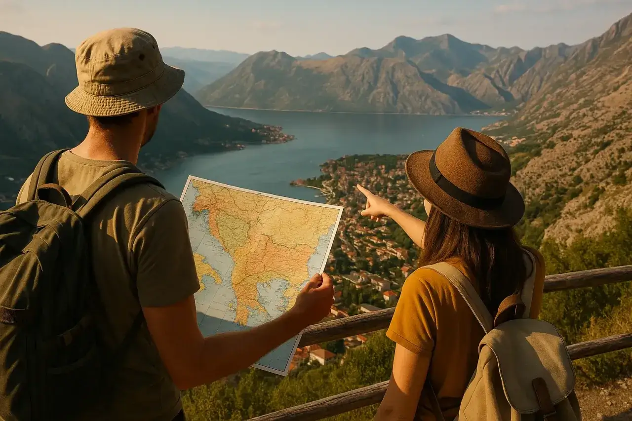 Para planowania naszej balkan trip, para z plecakami analizuje mapę na tle zatoki i gór.