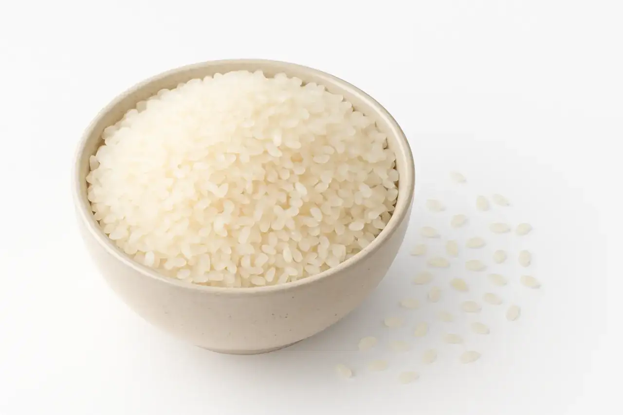 Idealnie ugotowany ryż do sushi w drewnianej misce hangiri