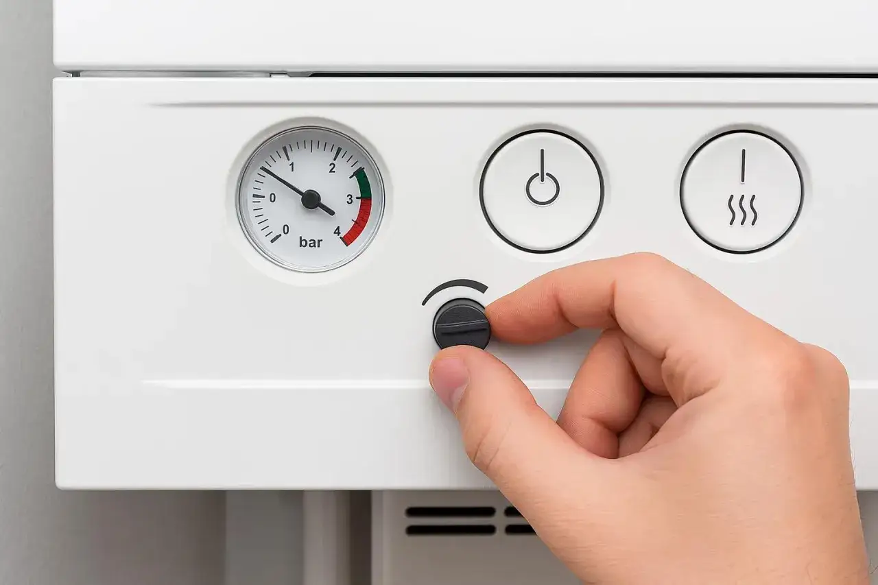 Dłoń reguluje pokrętłem na piecu gazowym, by jak spuścić ciśnienie. Manometr wskazuje aktualny poziom.