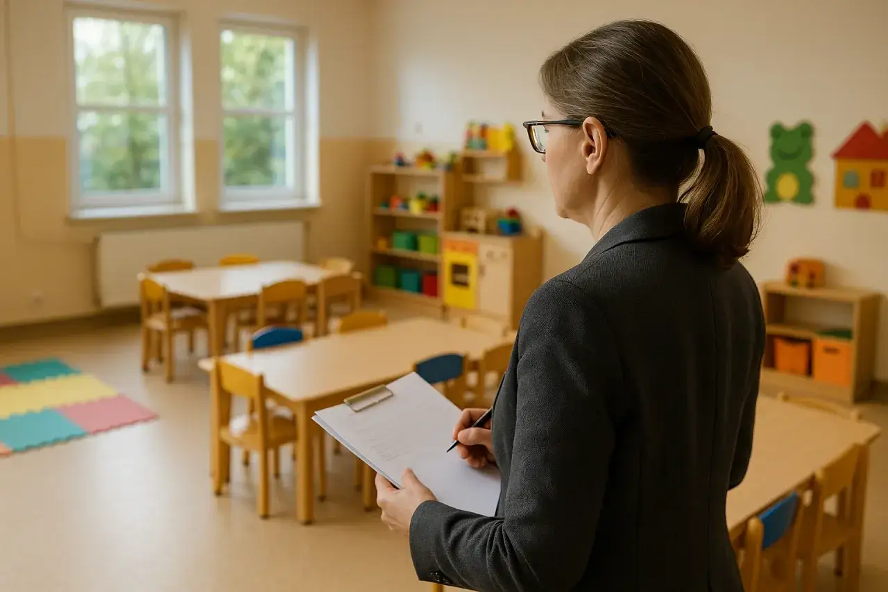 Inspektor sprawdza, czy żłobek podlega pod kuratorium. Wnętrze sali zabaw z meblami i zabawkami.