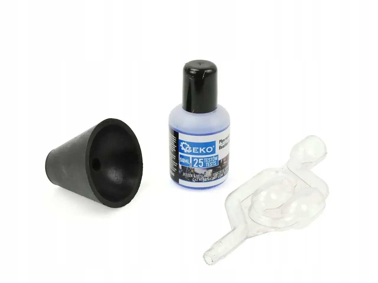 Zestaw do wykrywania ubytku płynu chłodniczego: gumowy stożek, płyn reakcyjny GEKO i probówka do pomiaru CO2.