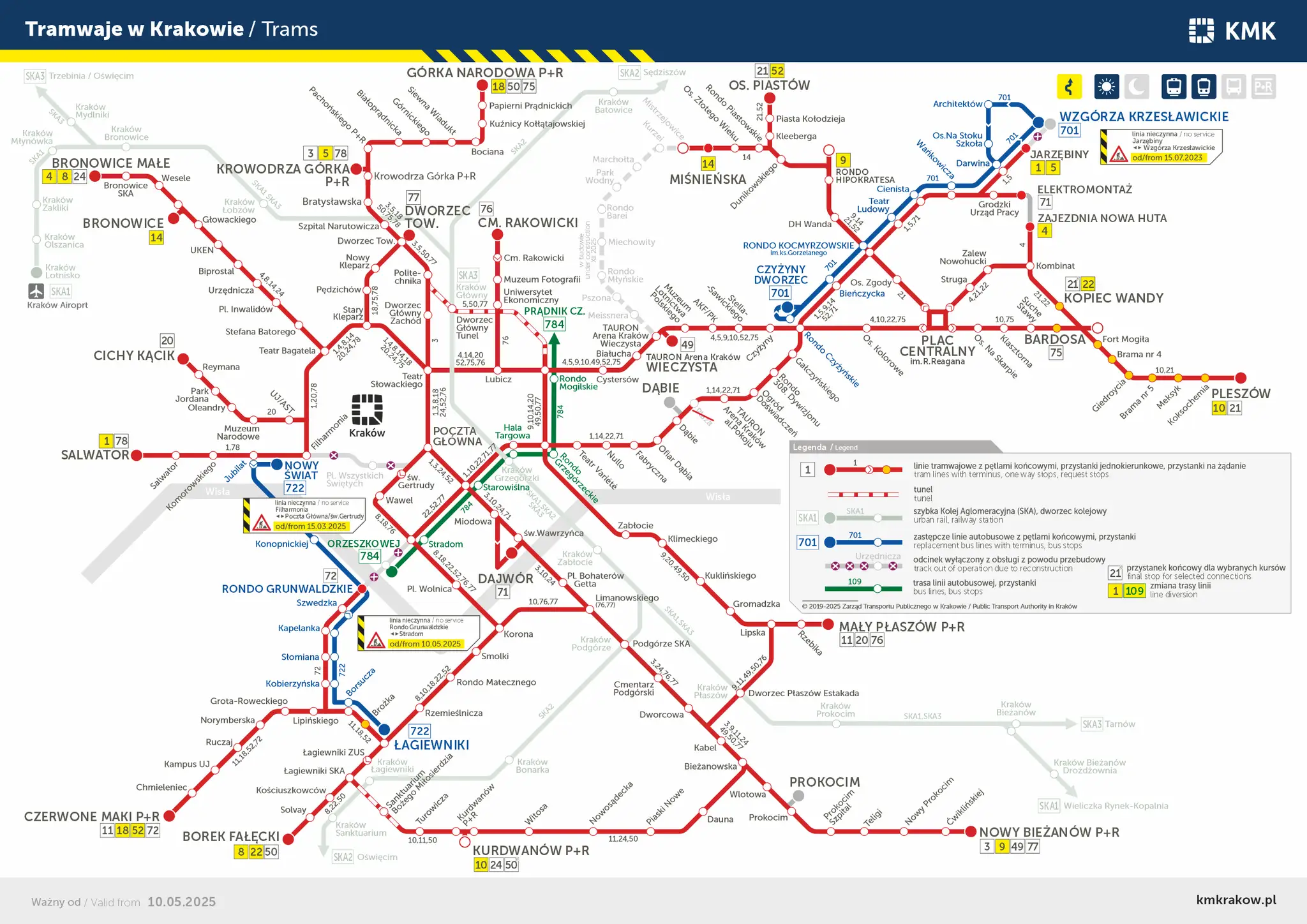 Mapa rozkład jazdy autobusów Kraków. Pokazuje linie tramwajowe i autobusowe, przystanki, pętle, tunele i stacje kolejowe.