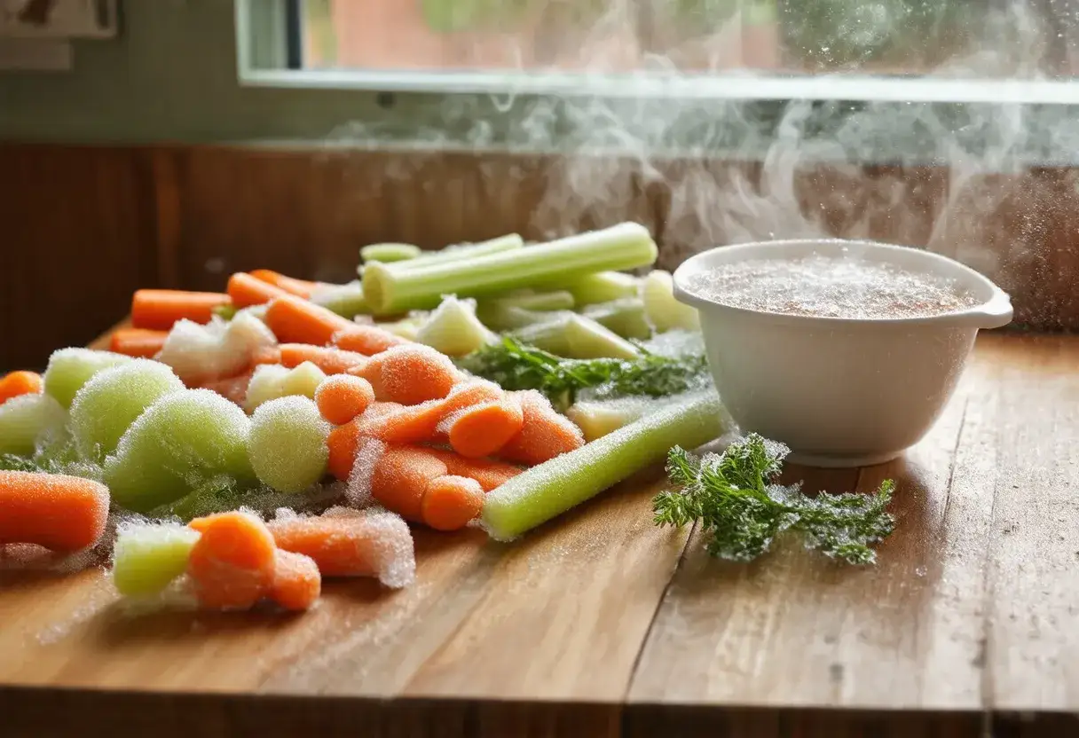 Mrożone marchewki i pietruszka na desce, gotowe do zamrożenia. Para unosi się nad warzywami.