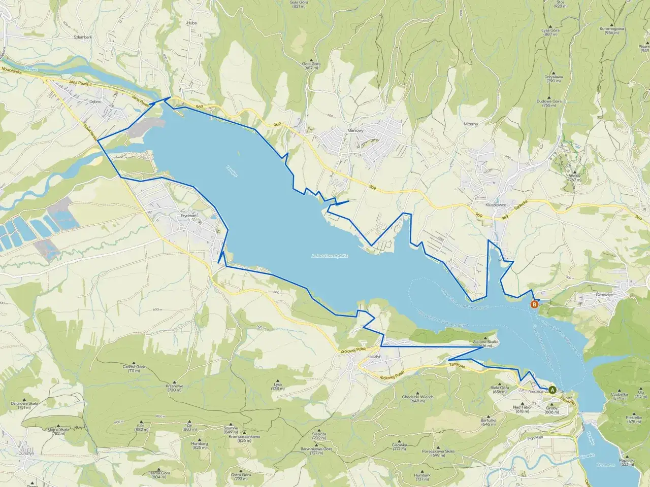 Mapa Jeziora Czorsztyńskiego z zaznaczonymi trasami rowerowymi. Odkryj najlepsze trasy rowerowe w Polsce!
