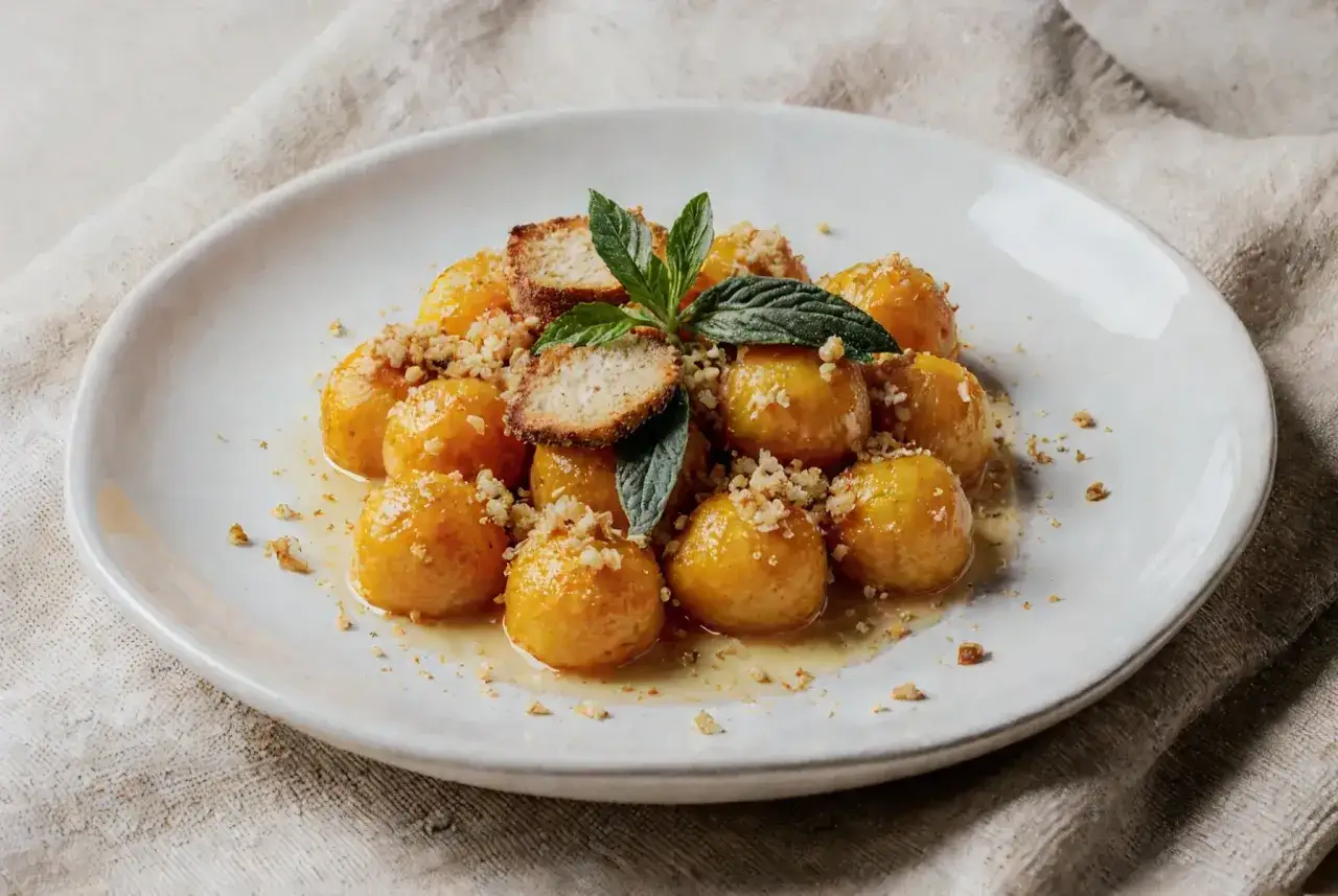 Gnocchi z dyni, polane syropem, posypane orzechami i ozdobione listkami mięty i grzankami.