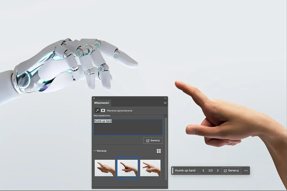 Jak zacząć z AI bez wiedzy technicznej? Robotyczna dłoń i ludzki palec wskazujący symbolizują tworzenie obrazów AI.