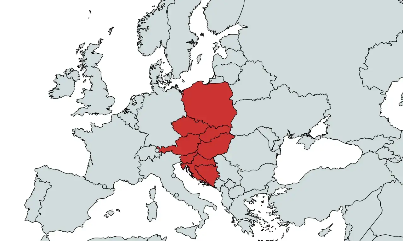 Mapa trasy Polska Chorwacja przez Czechy Austrię Słowenię