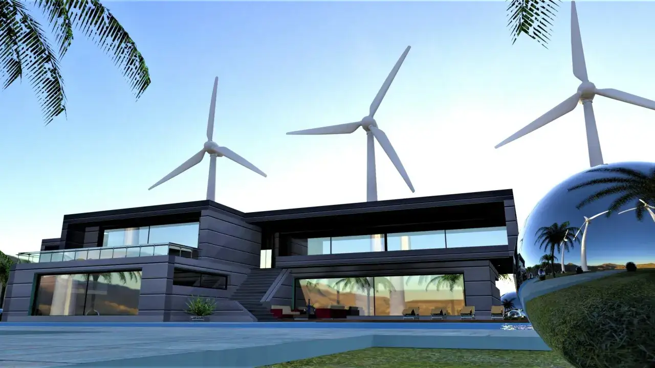 Nowoczesny dom z basenem i palmami, otoczony przez małą elektrownię wiatrową.