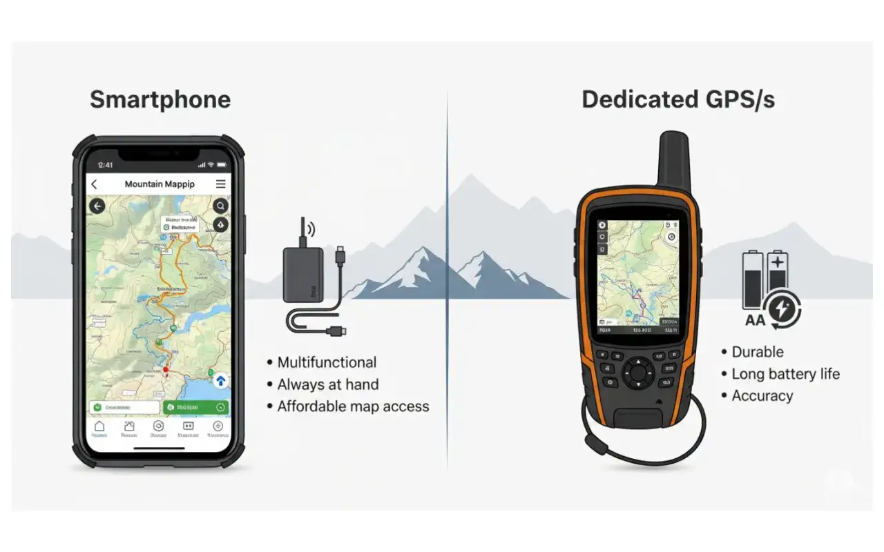 Smartfon z mapą i ładowarką obok dedykowanego GPS-u. Dowiedz się, jak działa kompas, por&oacute;wnując te urządzenia.