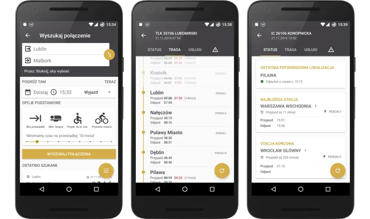 Aplikacja mobilna pokazuje, gdzie sprawdzić opóźnienia pociągu. Widok wyszukiwania połączeń, szczegóły trasy i status pociągu.
