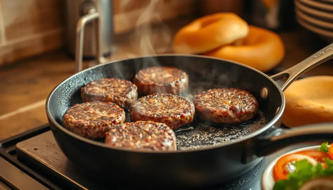 Burger smażony na patelni żeliwnej