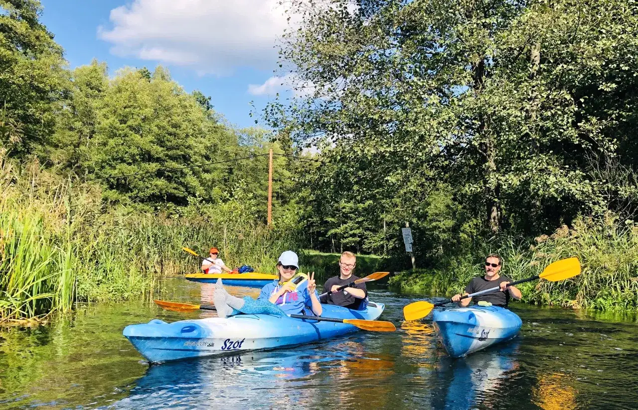 Ludzie pływający kajakami po rzece w otoczeniu lasu
