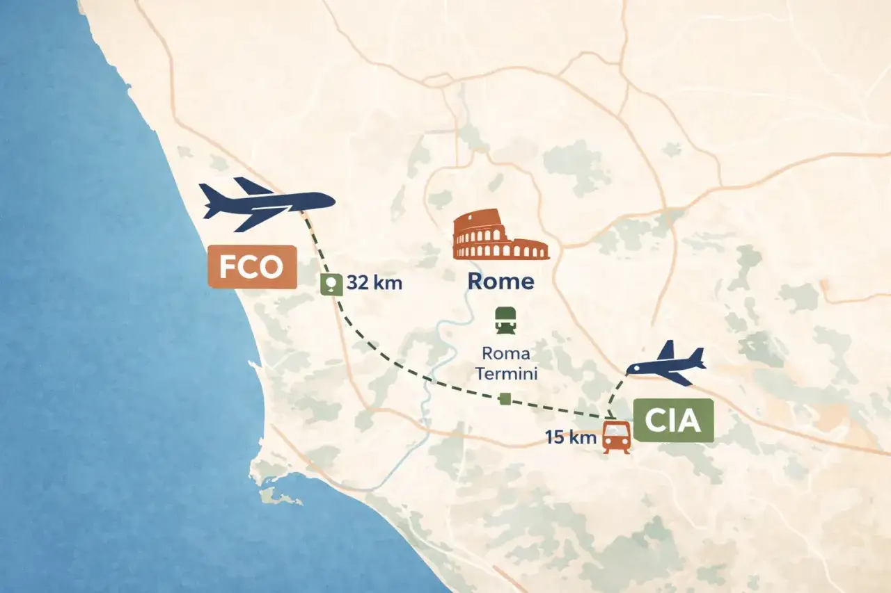 Mapa pokazuje jak dojechać z lotniska Fiumicino (FCO) do centrum Rzymu (32 km) i z lotniska Ciampino (CIA) do Rzymu (15 km).