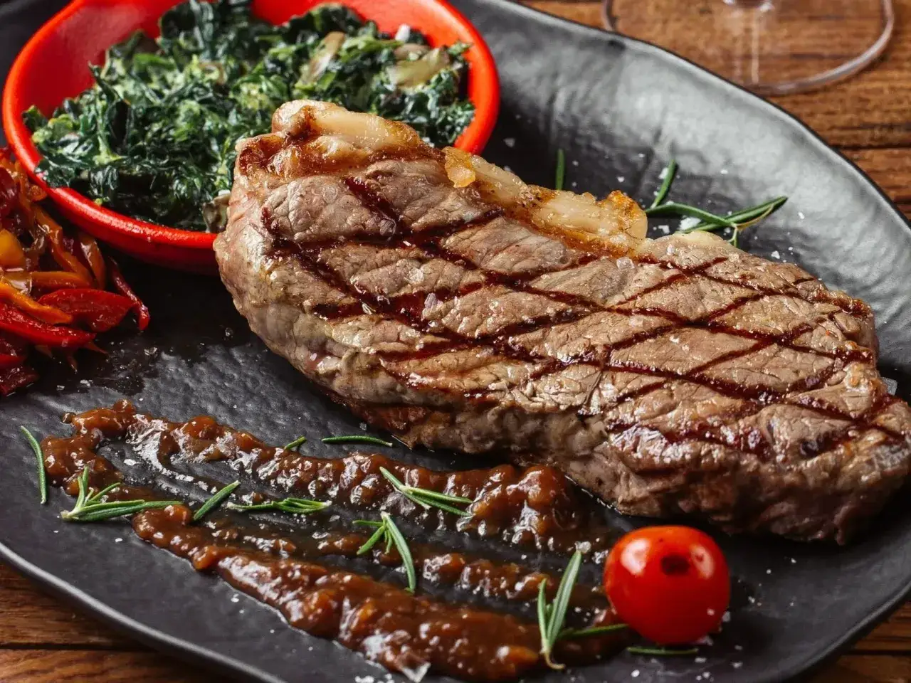 Soczysty stek z grilla, podany z pieczonymi warzywami i sosem. Idealny pomysł, ile piec steka w piekarniku, by był tak pyszny.