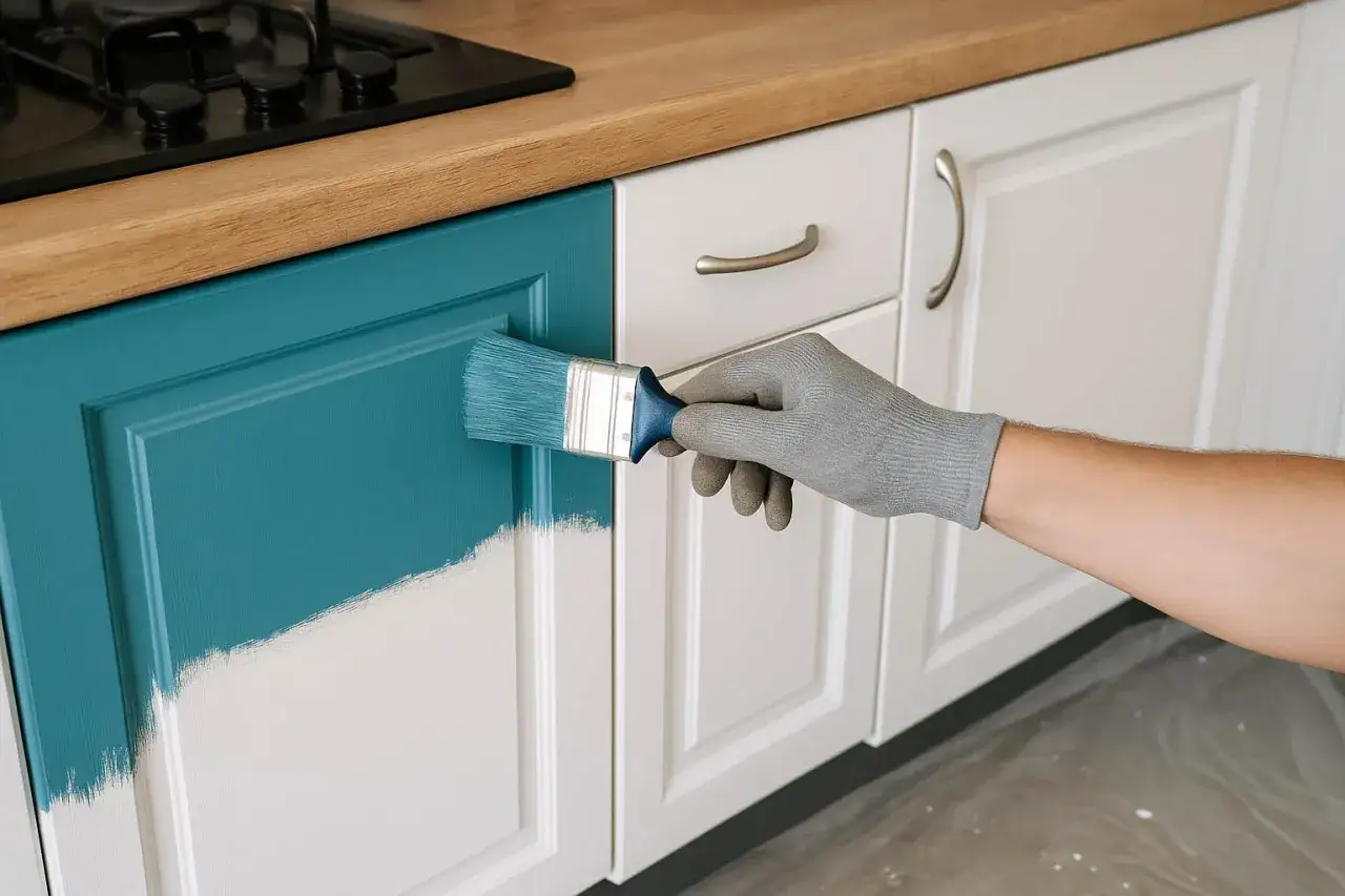 Ręka w rękawiczce maluje pędzlem szafkę kuchenną na turkusowo. To idealny wałek do malowania mebli, który odmieni Twoją kuchnię.