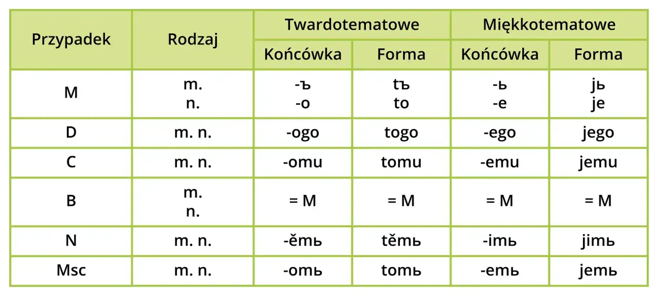 Tabela odmiany rzeczowników, która pokazuje, która jaka to część mowy w zależności od przypadku i rodzaju.