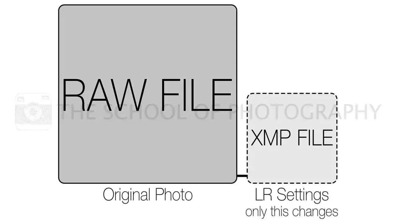 Schemat ilustruje plik RAW (oryginalne zdjęcie) i plik XMP (ustawienia LR). DNG to format pliku.