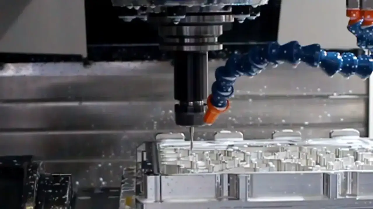 Precyzyjne frezowanie detalu z aluminium. Wiertło CNC pracuje, chłodzone emulsją, tworząc skomplikowane kształty. Optymalne parametry toczenia zapewniają jakość.
