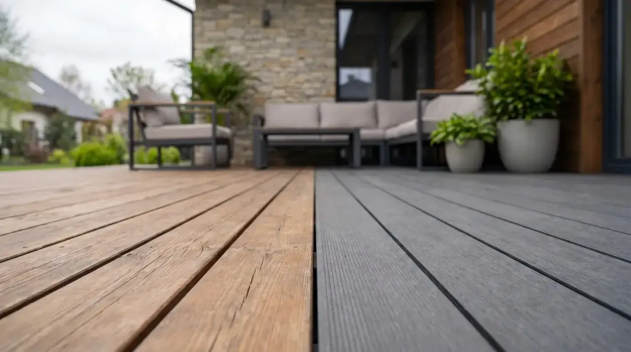 Taras z deski kompozytowej, z jednej strony drewniany, z drugiej szary. W tle meble ogrodowe i rośliny.