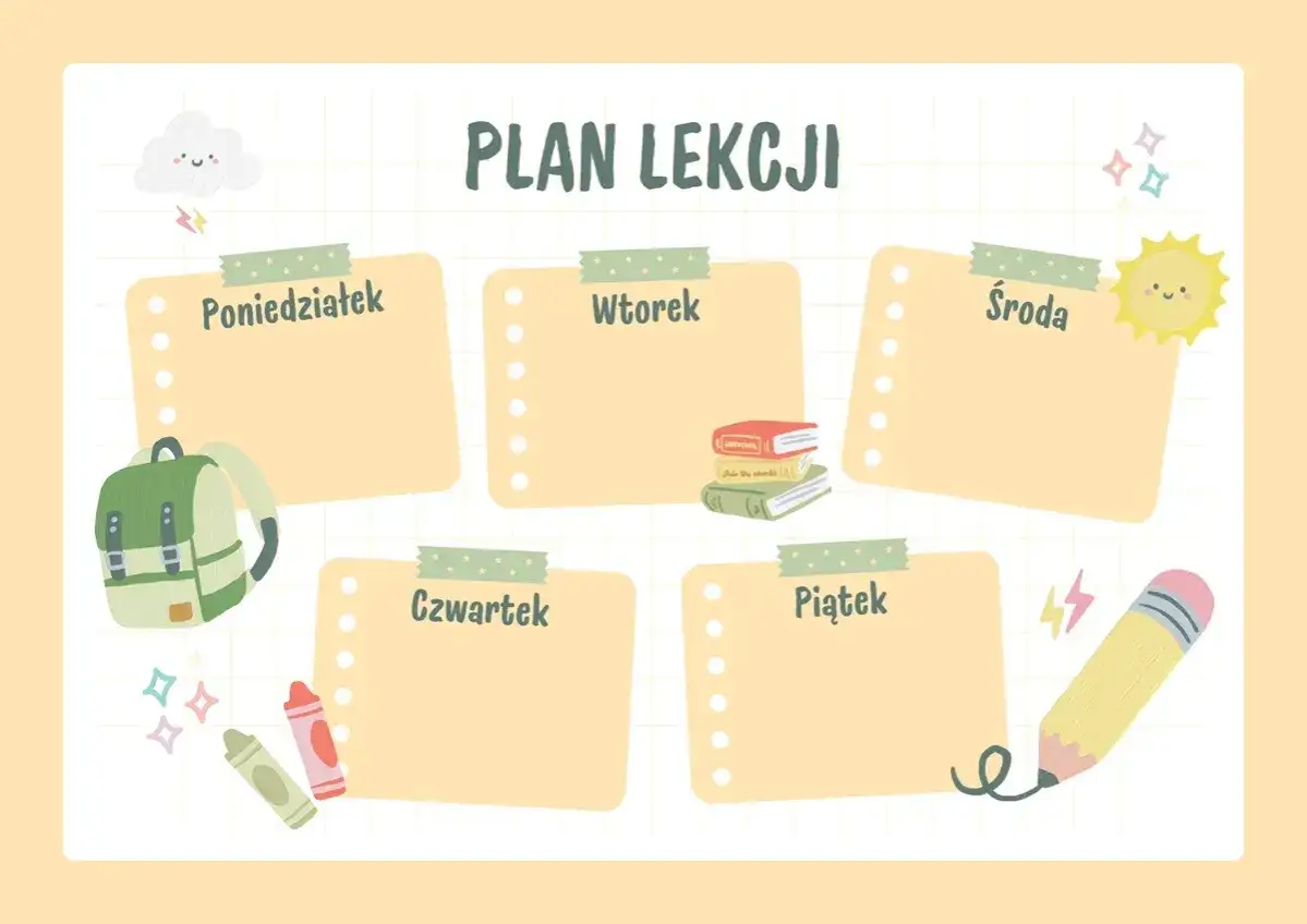 Plan lekcji dla szóstej klasy: plecak, kredki, książki i inne przedmioty szkolne.