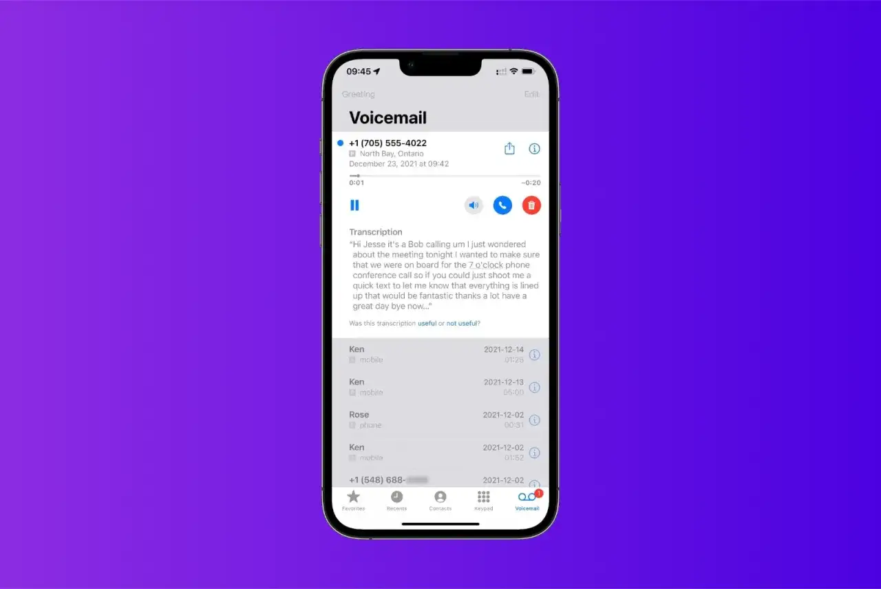iPhone Visual Voicemail interfejs