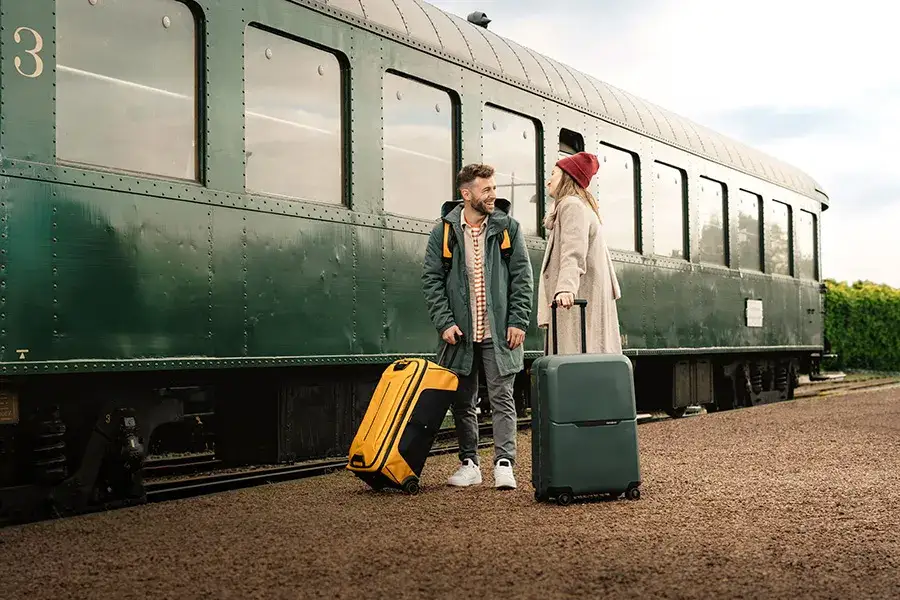 pasażerowie z bagażem w pociągu intercity