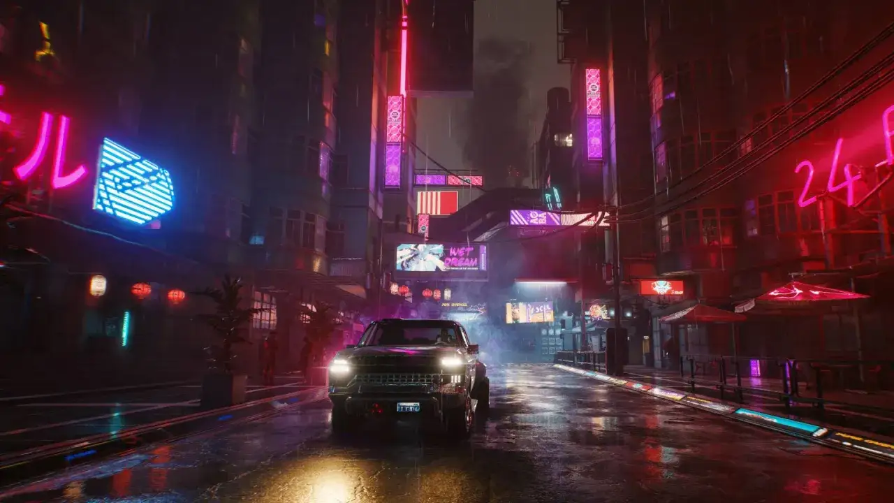 Nocne miasto w stylu cyberpunk, deszczowa ulica, neonowe światła. Zastanawiasz się, ile zajmuje przejście Cyberpunka?