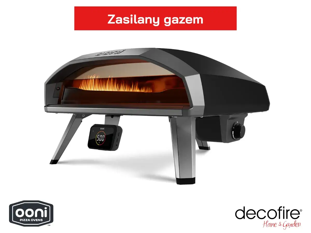 Nowoczesny piec do pizzy gazowy Ooni z płomieniami w środku. Idealny do szybkiego wypieku.
