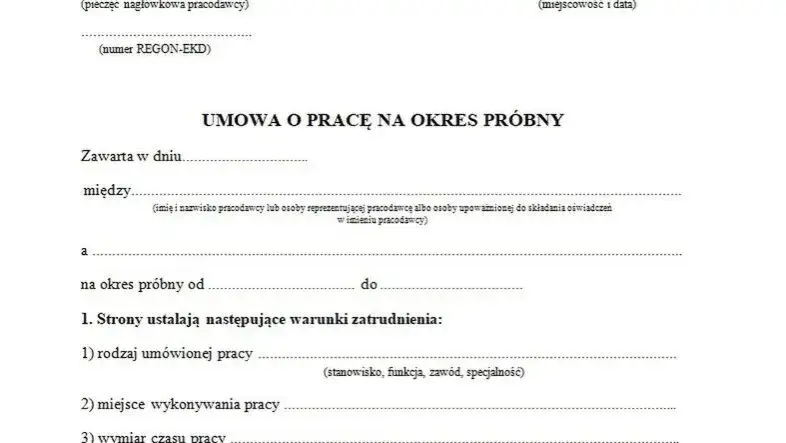 umowa o pracę na okres próbny, dokumenty pracownicze